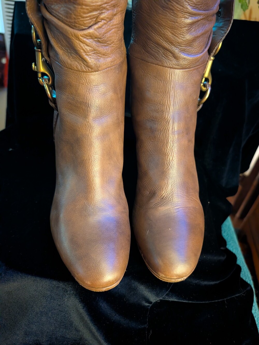 Coach Brown Leather Mid-Calf Heeled Boots with Gold Hardware
